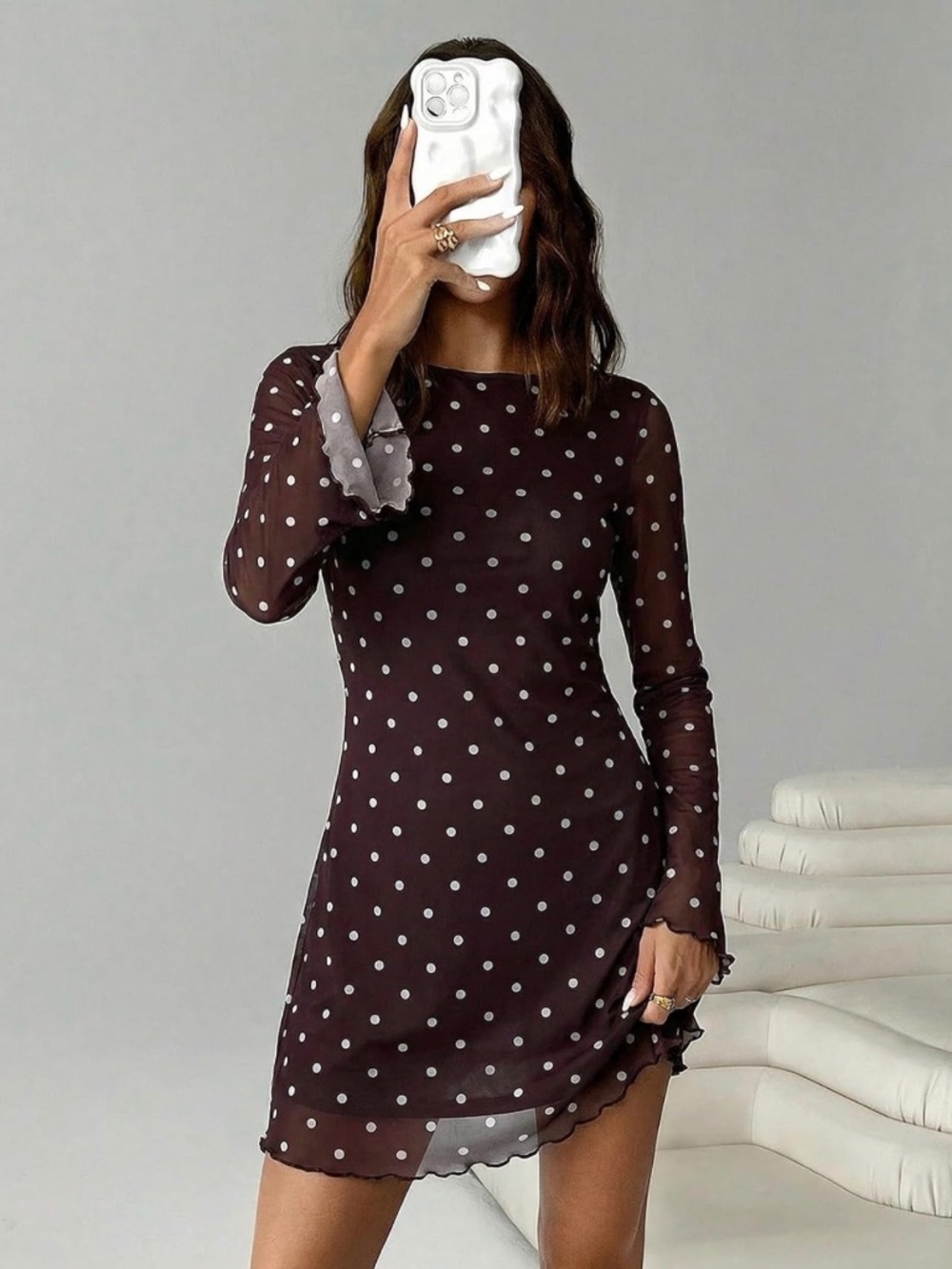Brown polka dot mesh dress
